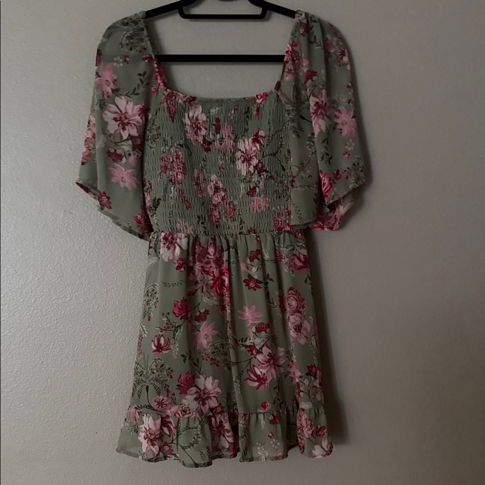 Lily Rose Sage Green Mini Dress with Pink Floral Print